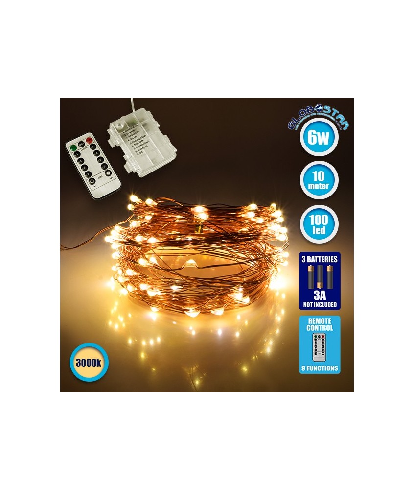 GLOBOSTAR® STRINGLIGHT 79780 Σετ Γιρλάντας 10m 100 LED με Κουτί Τροφοδοσίας & RF Ασύρματο Χειριστήριο LED 6W 420lm 360° DC 5V με 3xAAA Μπαταρίες Αδιάβροχο IP54 Θερμό Λευκό 2700Κ Dimmable - Χάλκινο - Μ1000 x Π0.6 x Υ0.6cm - 1 Χρόνο Εγγύηση